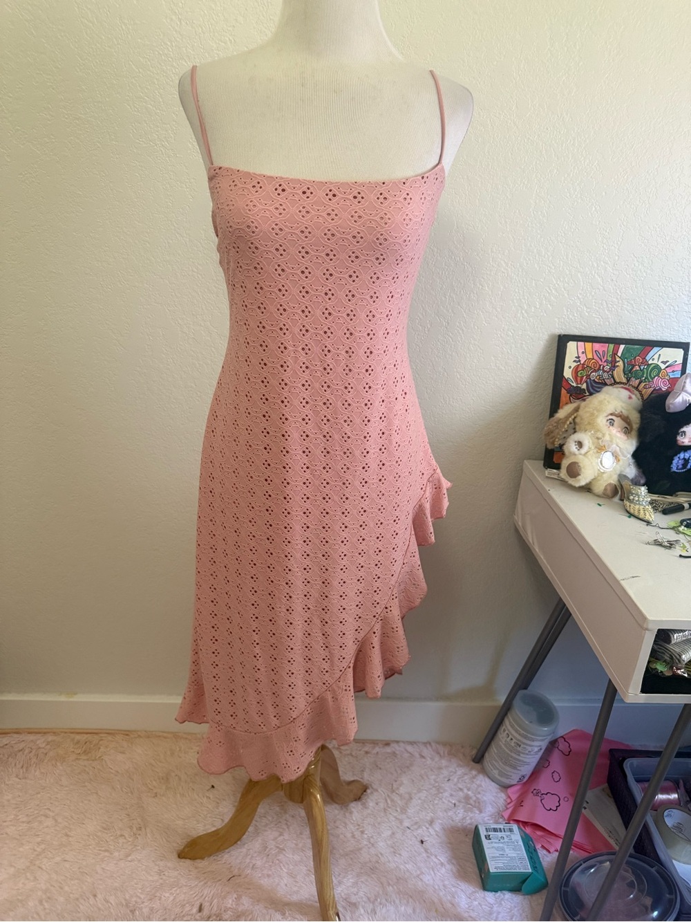 Lucy in the Sky Pink Eyelet Maxi Slip Dress with Ruffle Detail